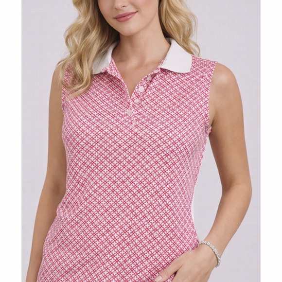 Lands' End Tops - LANDS’ END • Red/White Geometric Print Sleeveless Collared Polo Top, M
